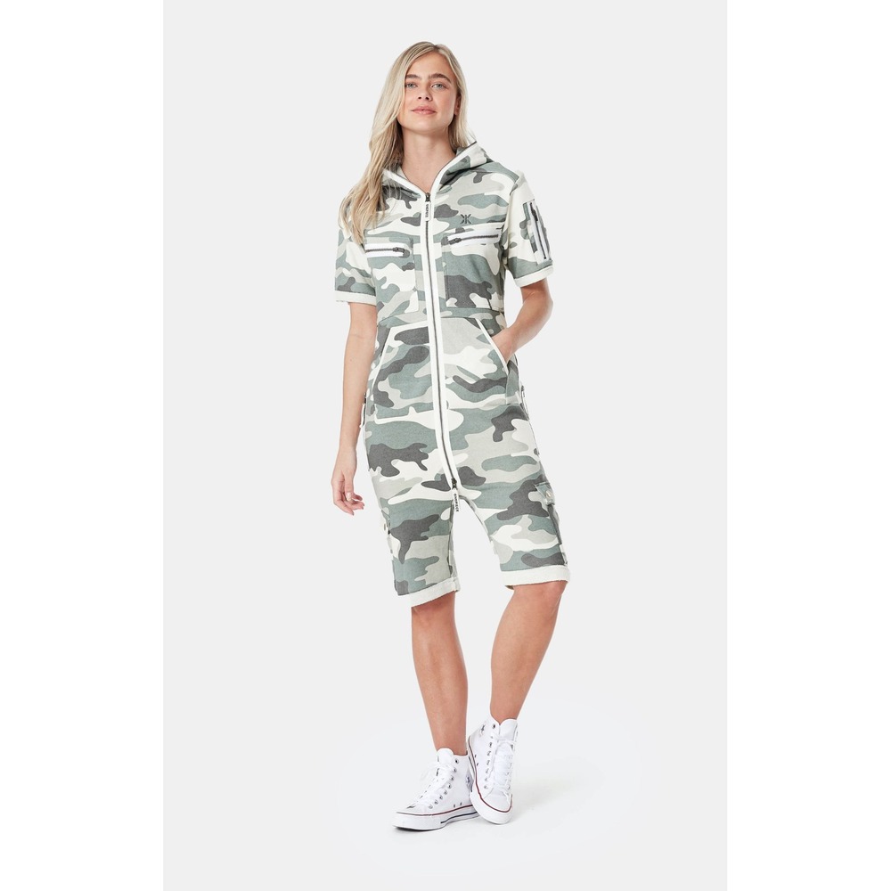OnePiece Camo Short Jumpsuit Womens Small Green Camouflage Hooded Romper Zip